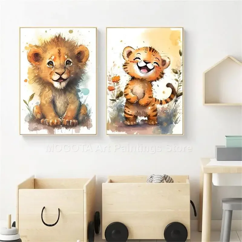 水彩ライオンキリン虎象シマウマ保育園壁アートキャンバス絵画動 - Baby Nursery Pictures のレビューと価格