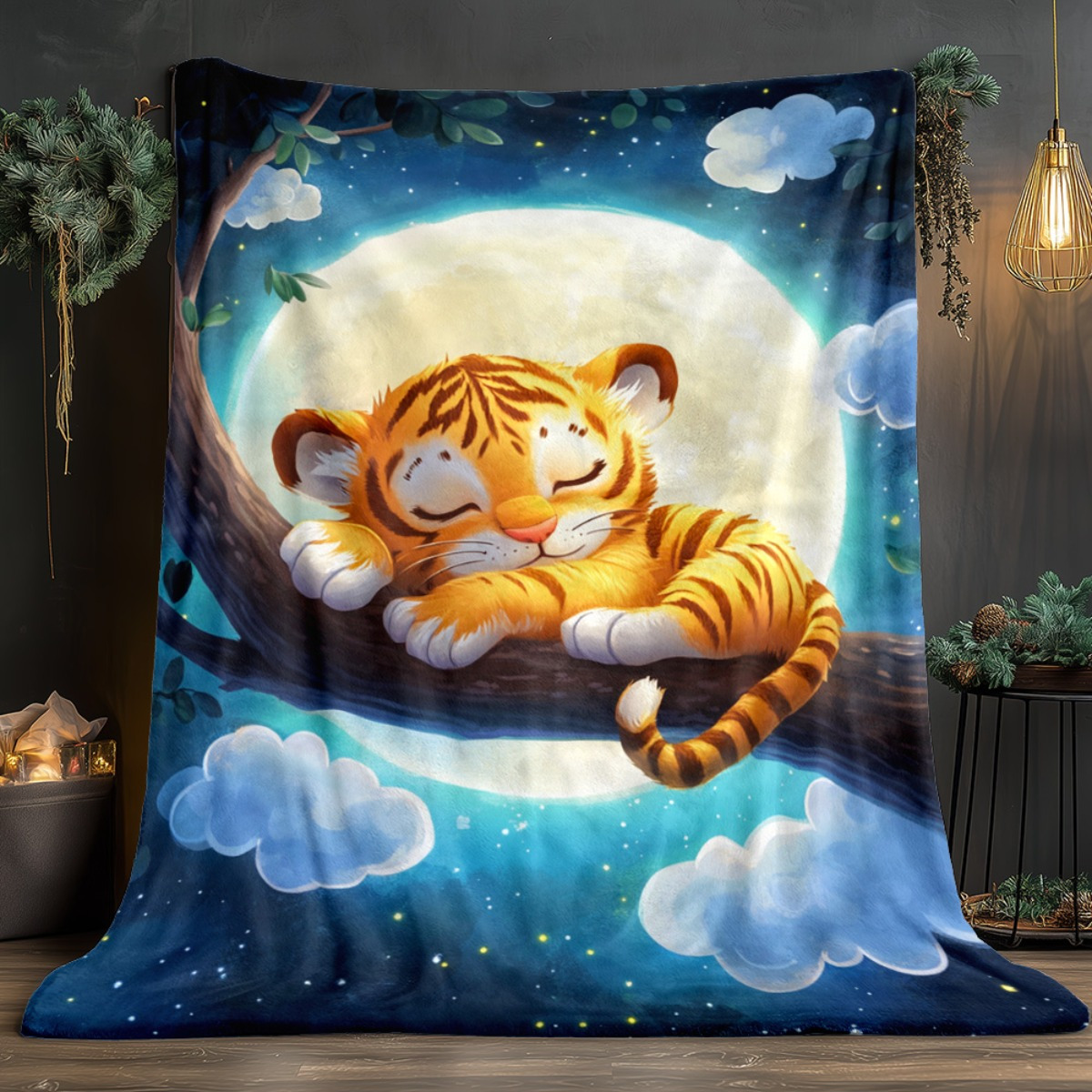 木の枝に寝ているかわいい虎、月の夜空、フランネルブランケット - Baby Nursery Animal Theme のレビューと価格
