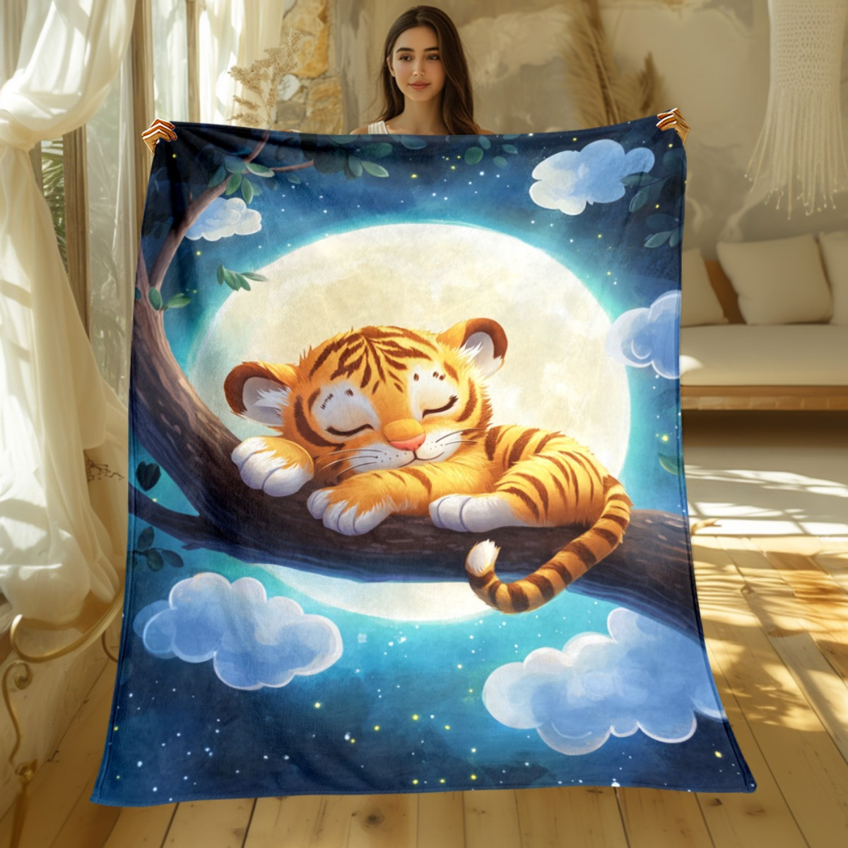 木の枝に寝ているかわいい虎、月の夜空、フランネルブランケット - Baby Nursery Animal Theme のレビューと価格