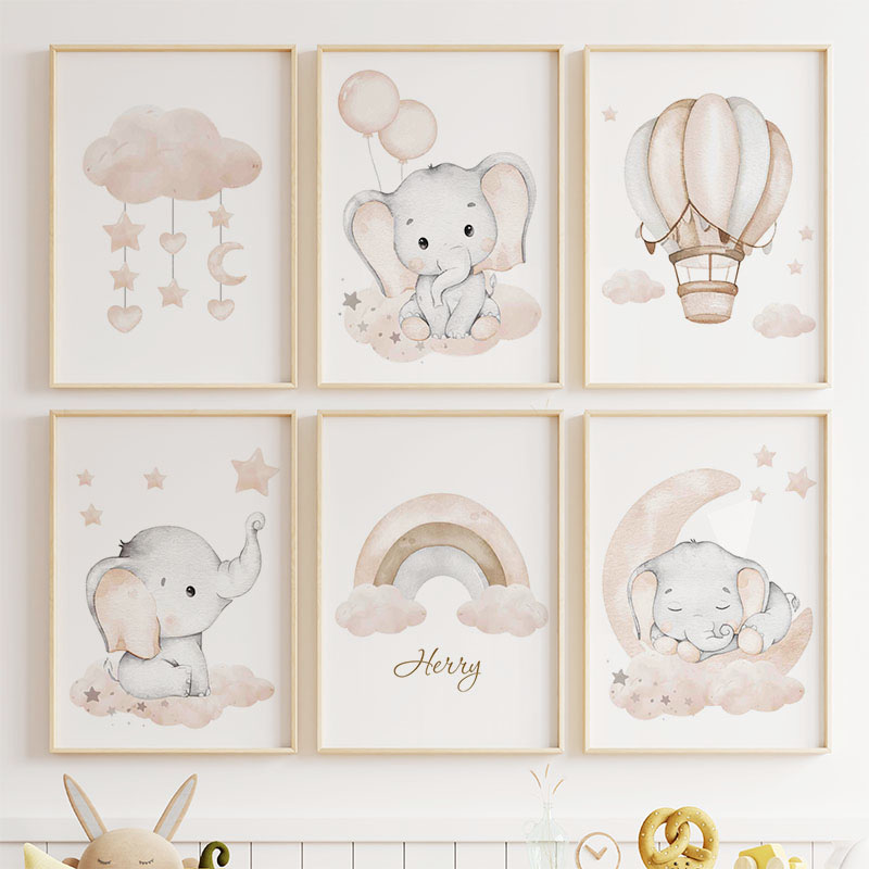 かわいい象熱気球ムーン虹雲保育園壁アートキャンバス絵画ポスタ - Baby Nursery Pictures のレビューと価格