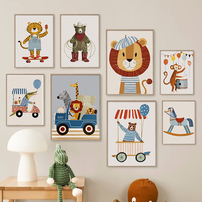 面白い漫画の動物車風船保育園ウォールアートキャンバス絵画ライ - Baby Nursery Pictures のレビューと価格
