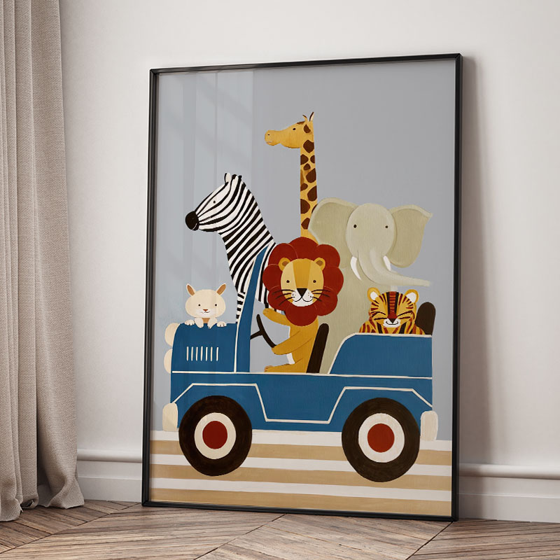 面白い漫画の動物車風船保育園ウォールアートキャンバス絵画ライ - Baby Nursery Pictures のレビューと価格
