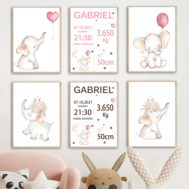 赤ちゃんの名前とキャンバスの絵,風船,象,花,アートポスター - Baby Nursery Pink のレビューと価格