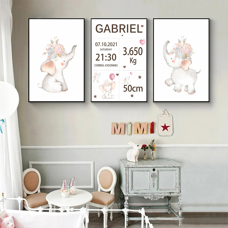 赤ちゃんの名前とキャンバスの絵,風船,象,花,アートポスター - Baby Nursery Pink のレビューと価格