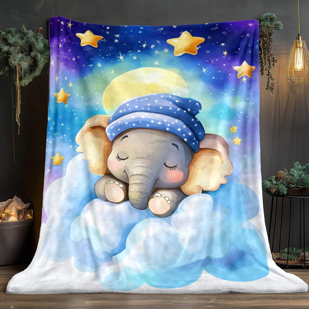 眠っている赤ちゃん象、雲、星、夜空、フリースブランケット、か - Baby Nursery Animal Theme のレビューと価格