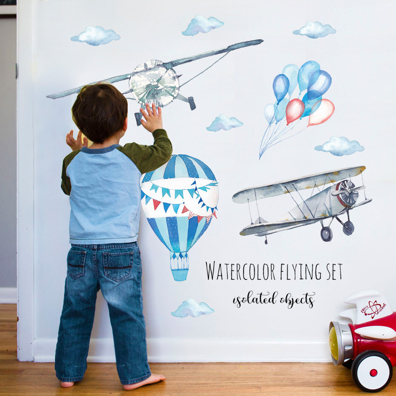 水彩飛行機熱気球ウォールステッカーベビールーム家の装飾 PV - Baby Nursery Mural Wallpaper のレビューと価格